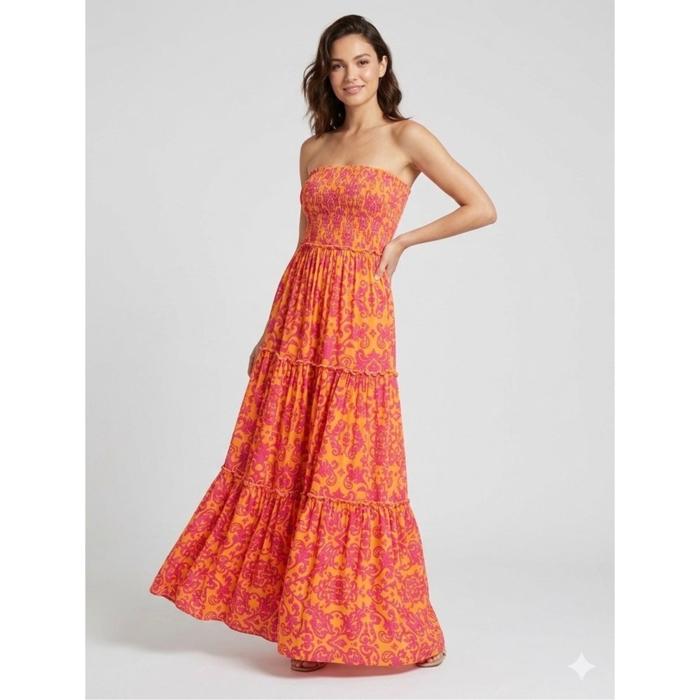 Abel The Label Maya Yellow Strapless Smocked Tiered Maxi Dress Small NEW